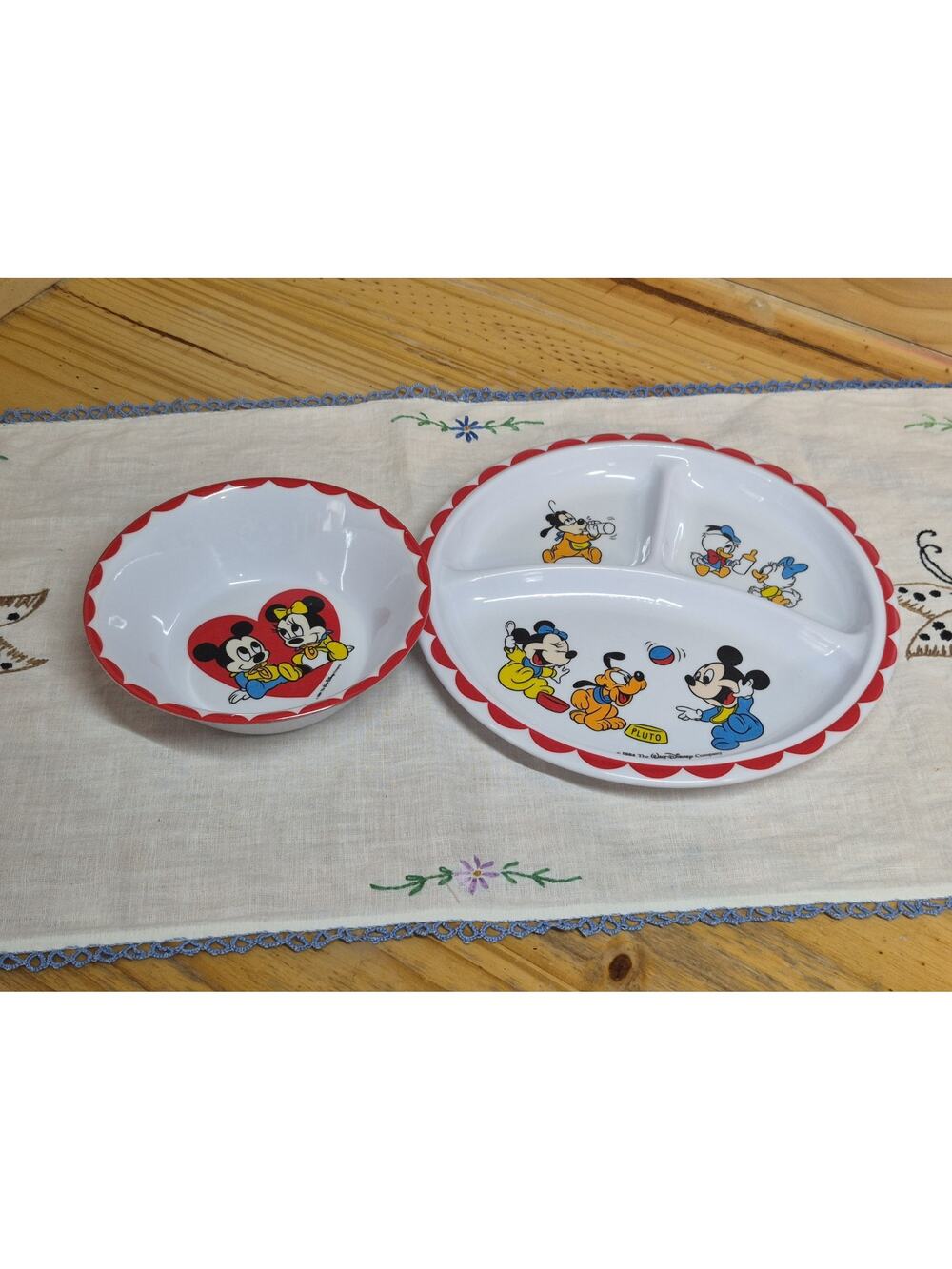 Vtg 1984 Disney Mickey Mouse Baby Toddler Child Divided Plastic Plate And Bowl